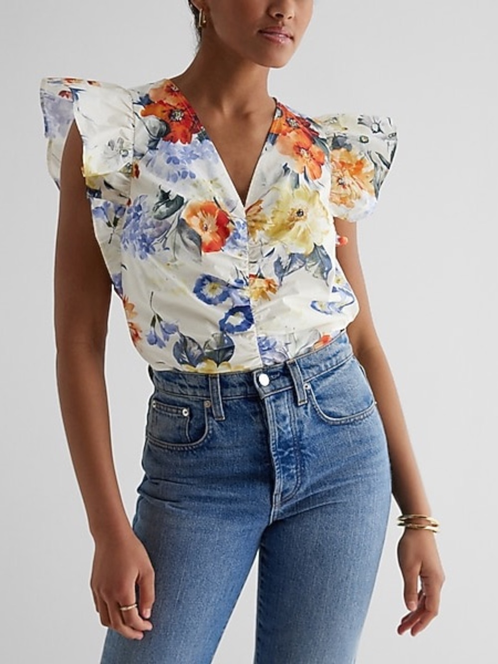 NWOT Express Floral V-Neck Flutter Sleeve Ruched Top Women’s Medium